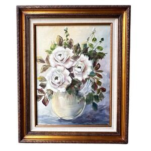 VTG Paula Youens Original Oil Painting 20x16 Inch Canvas Rose Flowers Vase Frame